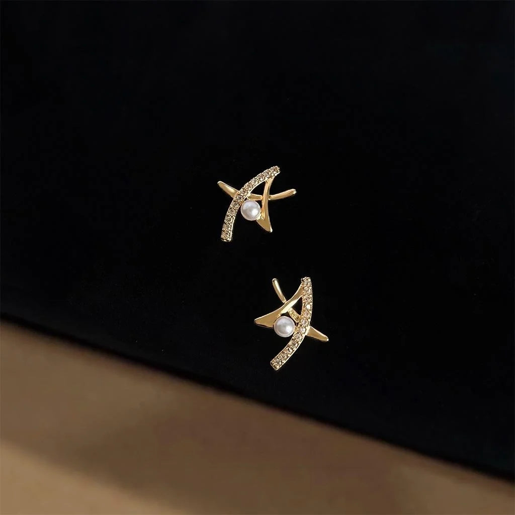 Minimalist Hollow Star Pearl Stud Earrings With Micro Pave Zircon, Geometric Everyday Jewelry