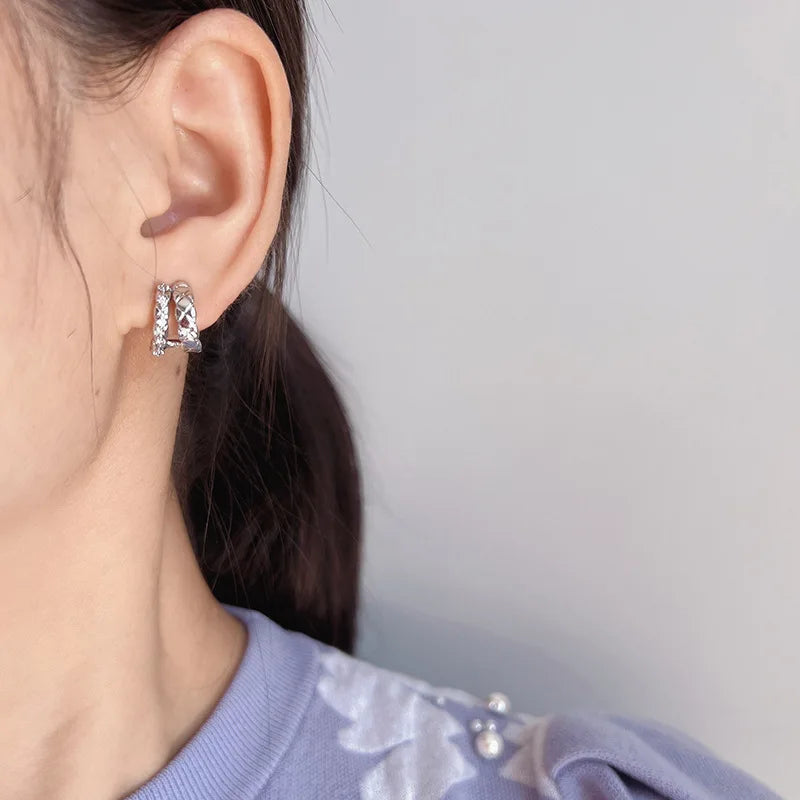 Elegant Silver Alloy Double Hoop Rhinestone Lattice Twist Stud & Clip On No Piercing Earrings