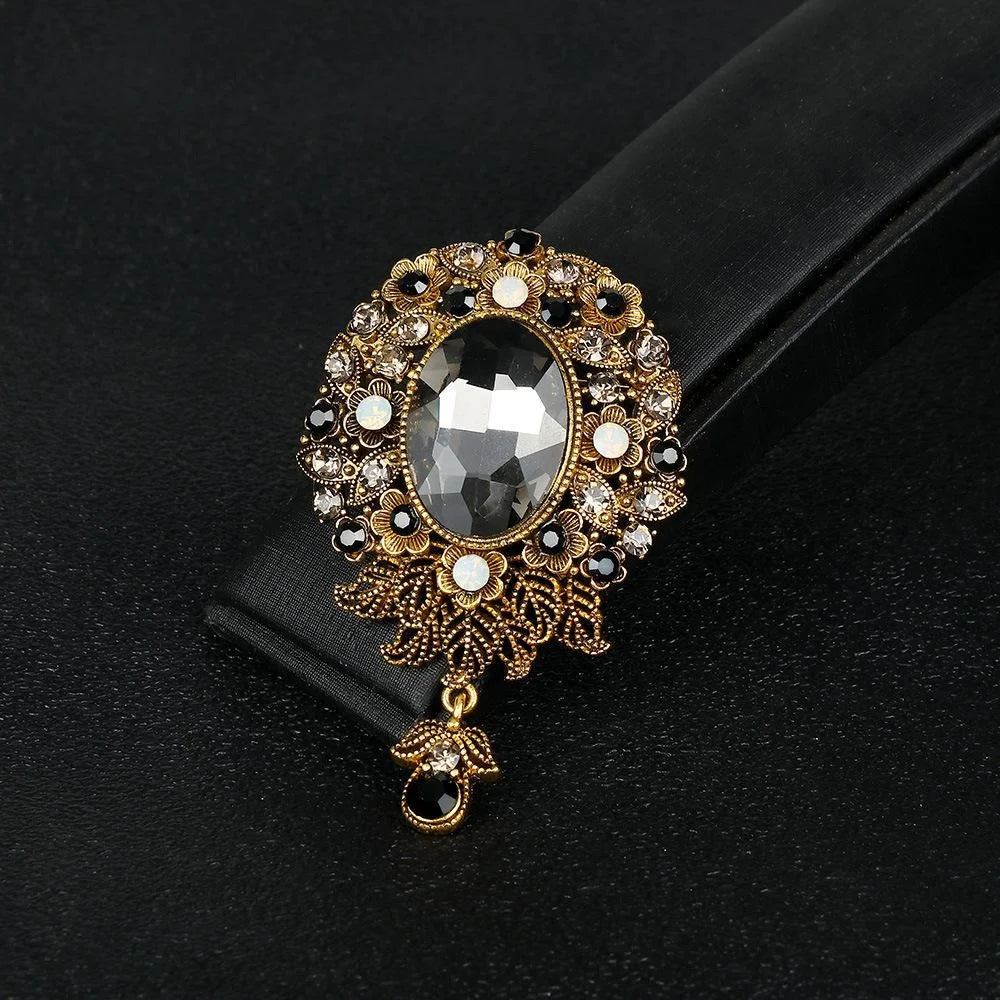 Vintage Blue Rhinestone Alloy Floral Brooch With Glass Pendant, Elegant Women's Lapel Pin Suit Accessory