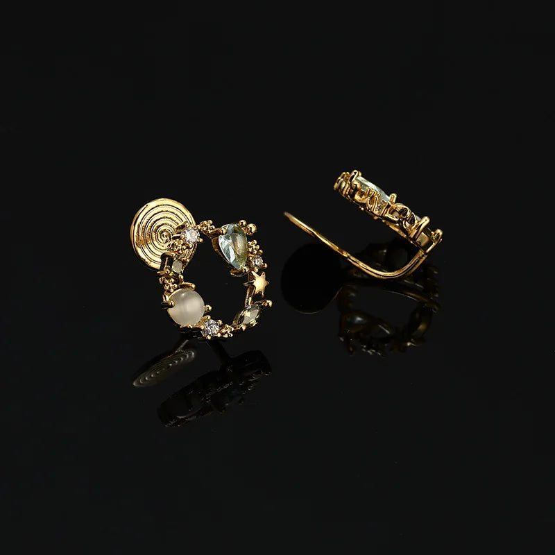 Elegant Green Cat Eye Crystal Wreath Hoop Stud & Clip On No Piercing Gold Alloy Fairy Earrings