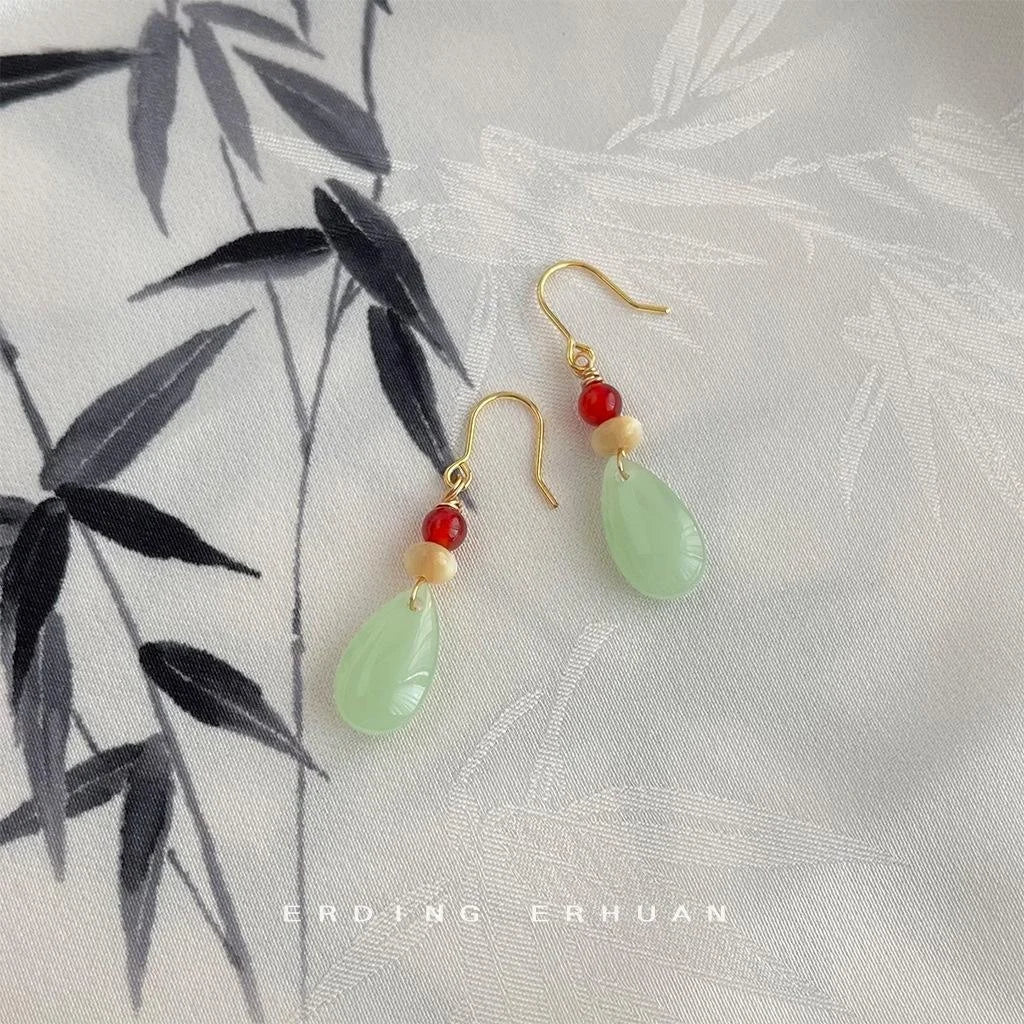 Handmade New Chinese Style Teardrop Glass Red Agate Shell Drop Earrings For Women