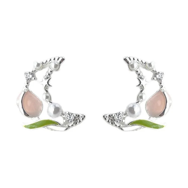 Sweet Tulip Moon Stud Earrings, Copper With High Luster Pearl, Elegant Designer Floral Jewelry