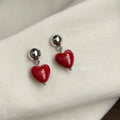 Elegant Burgundy Heart Drop Earrings, Handmade Resin Lacquer Copper