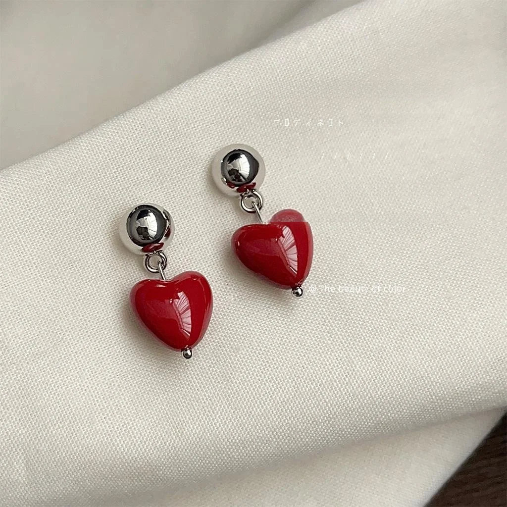 Elegant Burgundy Heart Drop Earrings, Handmade Resin Lacquer Copper