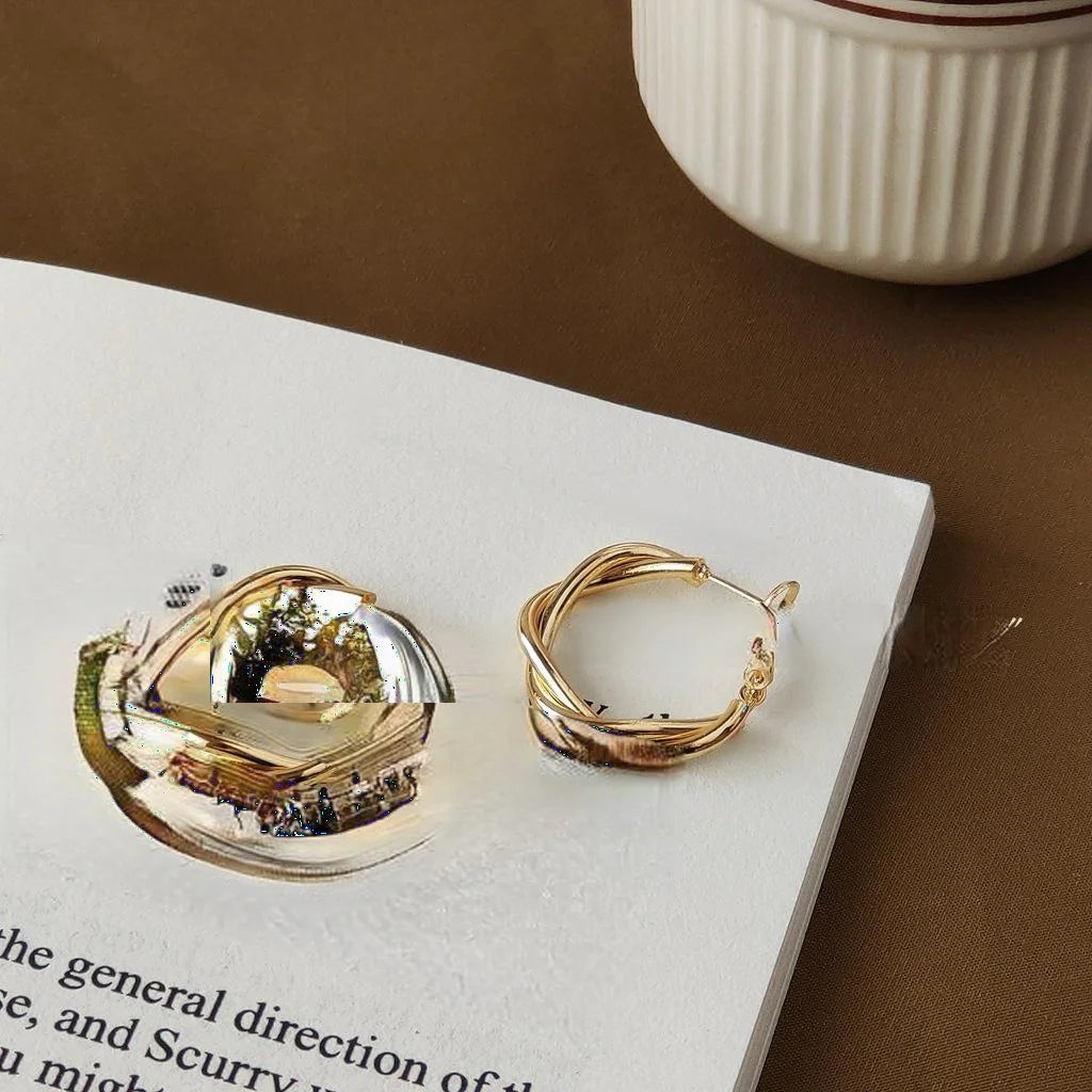 French Style Irregular Twisted Copper Hoop Earrings Gold Plated Niche Statement Jewelry