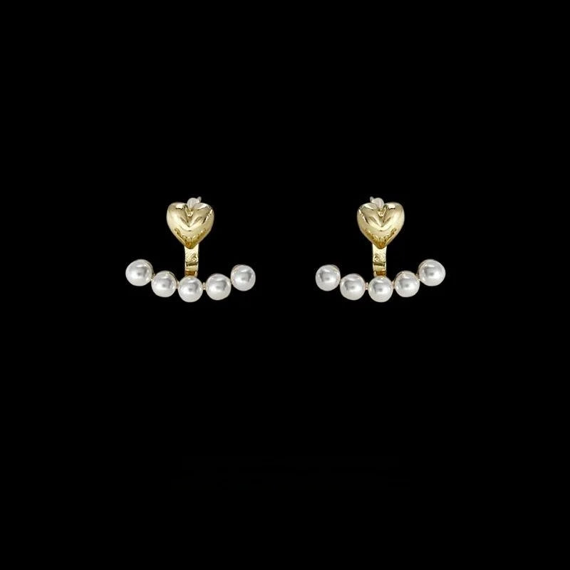 14K Plated Copper Heart Pearl Stud Earrings For Women, Korean Minimalist Two-Way Ear Jewelry