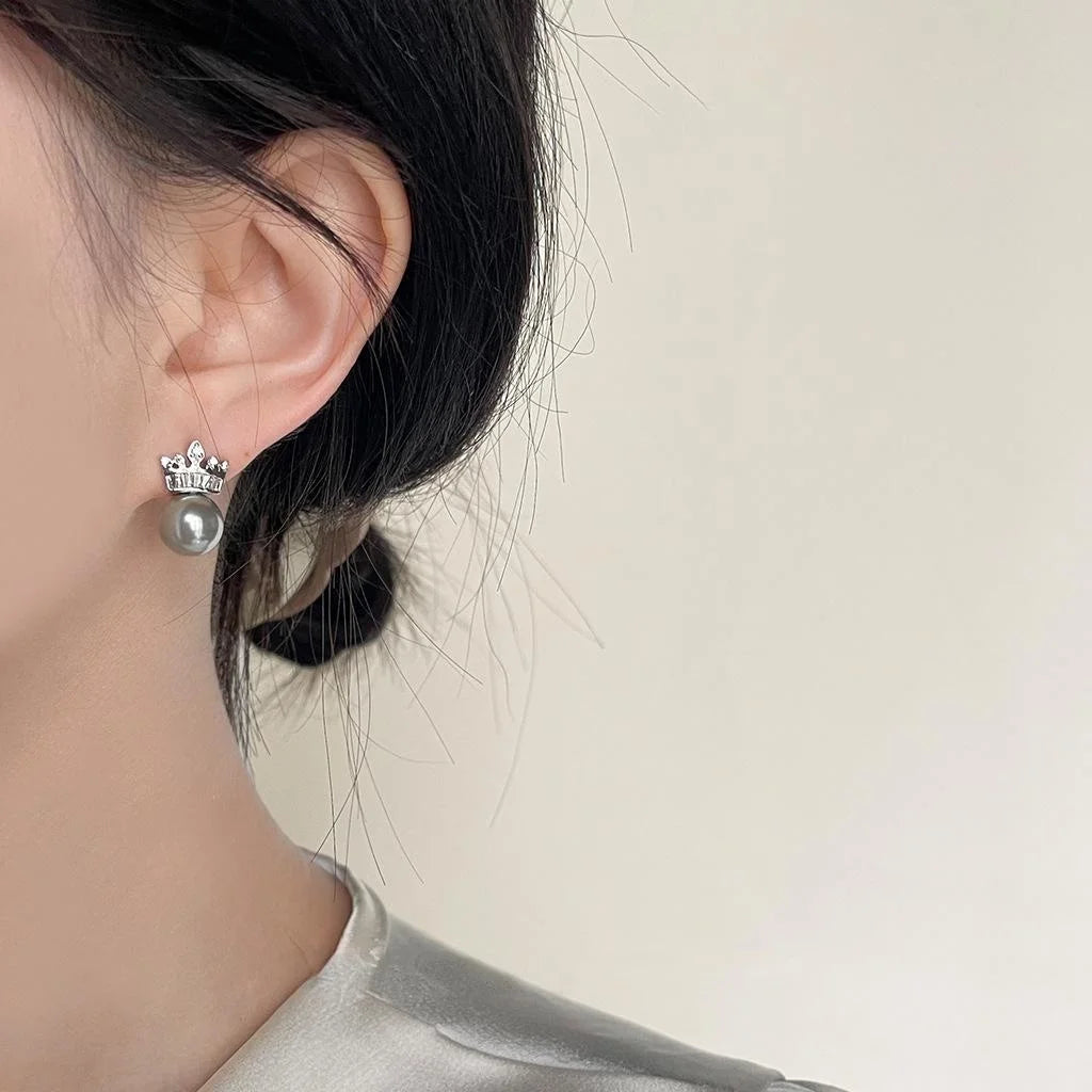 French Light Luxury Copper Glass Pearl Crown Stud Earrings With Micro Pave Zircon