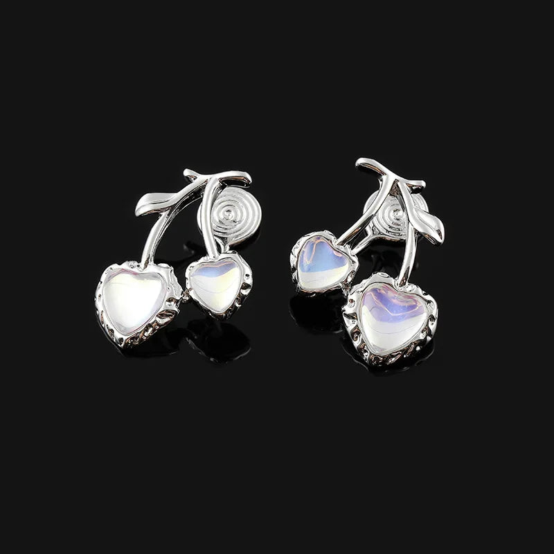 Elegant Silver Alloy Cherry Heart Opal Fruit Drop Stud & Clip On No Piercing Fashion Earrings