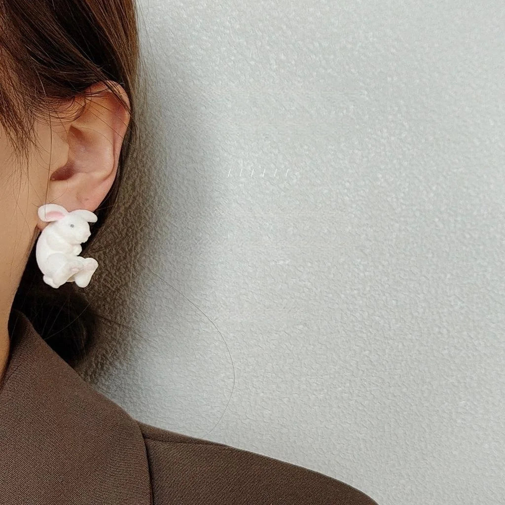 Cute Flocked Resin Rabbit Stud Earrings With Silver Plated Pins, Korean Sweet Girl Winter Jewelry