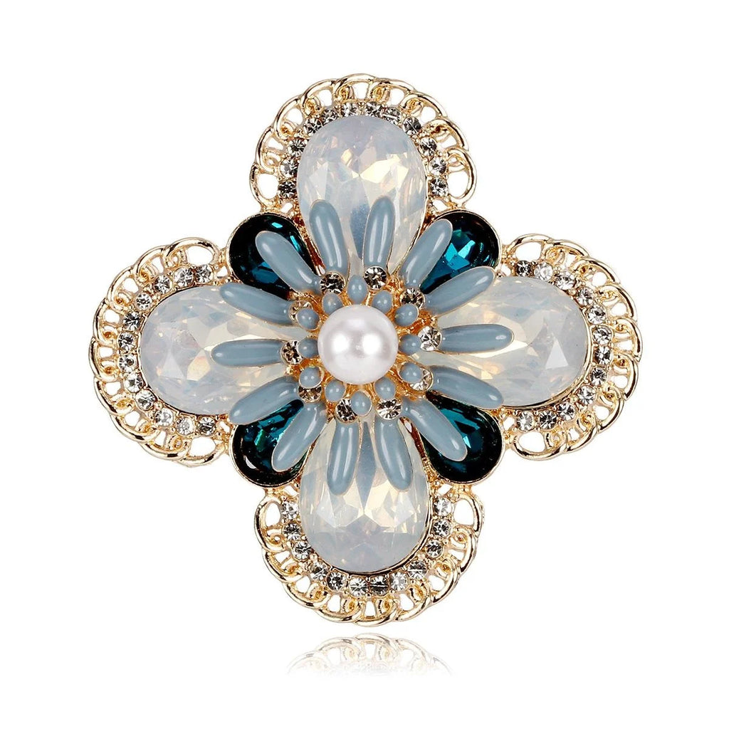 Vintage Four Leaf Clover Flower Brooch With Opal Rhinestones And Faux Pearl Elegant Lapel Pin Gift