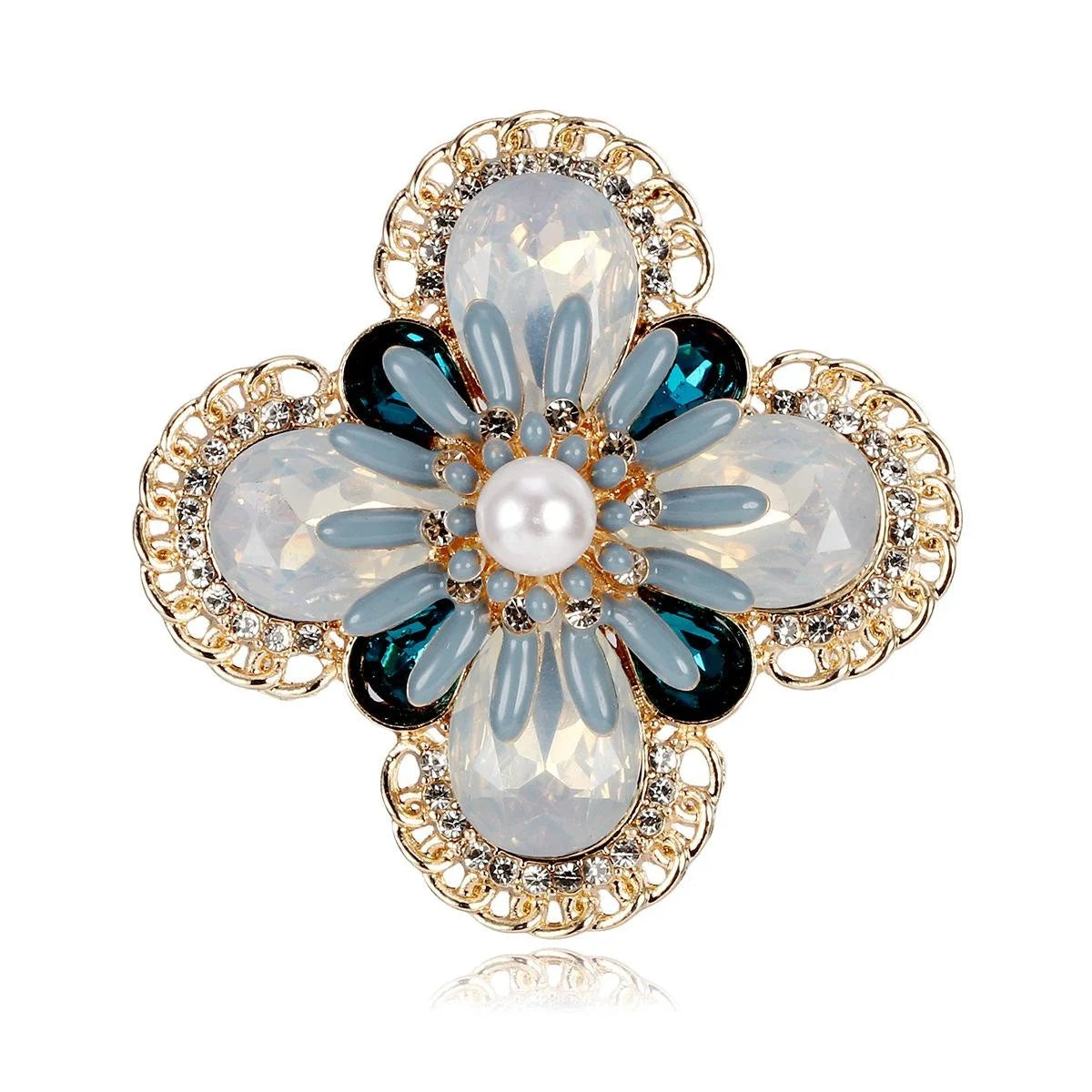 Vintage Four Leaf Clover Flower Brooch With Opal Rhinestones And Faux Pearl Elegant Lapel Pin Gift