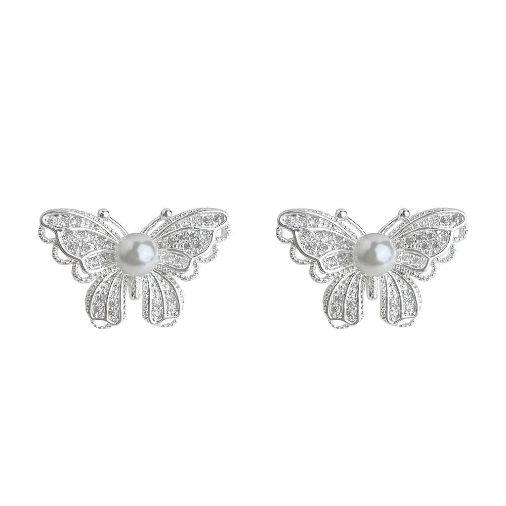 Fashion Light Luxury Micro Pave Zircon Pearl Butterfly Stud Earrings In Eco-Friendly Copper