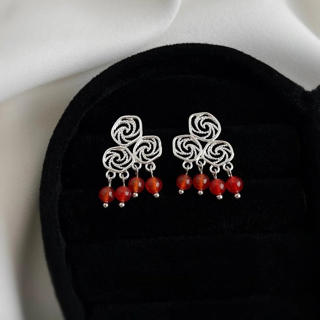 Vintage Ethnic Red Agate Drop Earrings Copper Hollow Geometric Auspicious Cloud