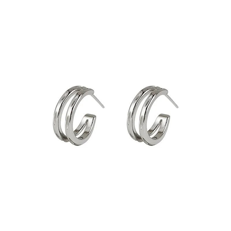 Sweet Cool Silver Plated Copper Geometric Hoop Stud Earrings Minimalist Round Ear Cuff Style