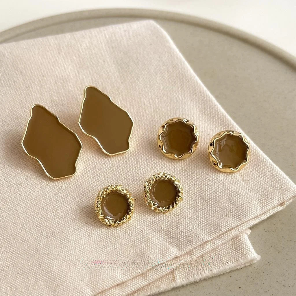 French Vintage Irregular Green Enamel Metal Geometric Stud Earrings For Women