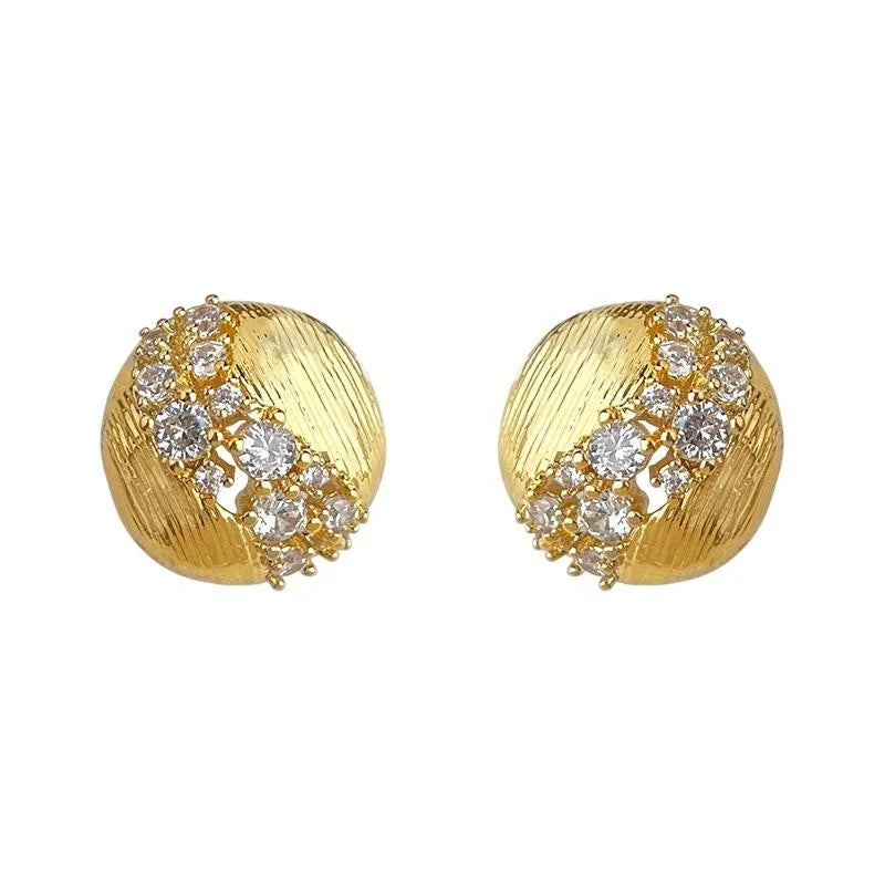 Sparkling Zircon 14K Gold Plated Hollow Geometric Round Stud Earrings Light Luxury Jewelry