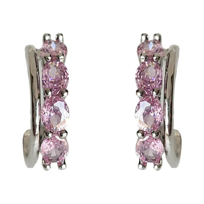 Pink Zircon Micro Pave Copper C-Shaped Double Layer Hoop Earrings Sweet Luxury Style