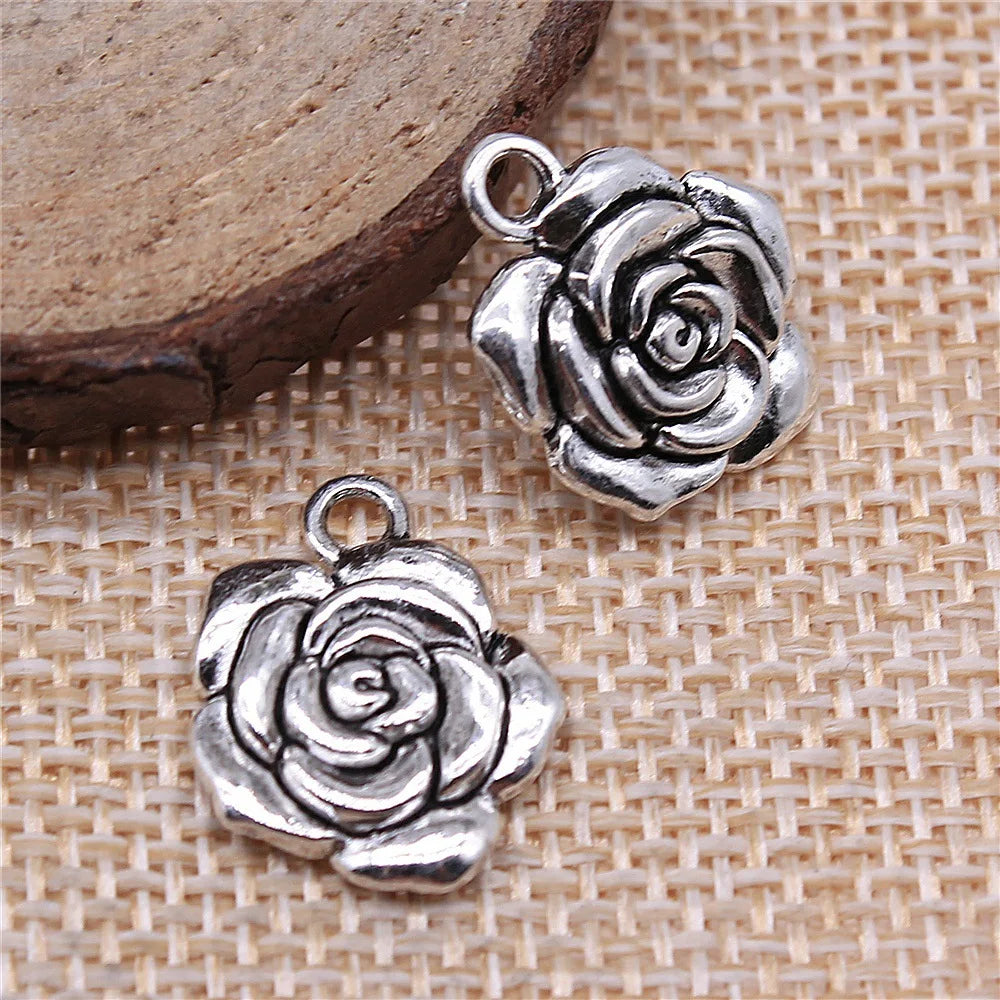 15x18mm 2g Antique Silver Zinc Alloy Rose Flower Charm Pendant for Bracelet Necklace Making