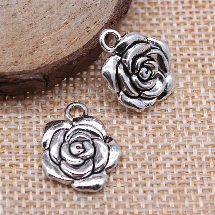 15x18mm 2g Antique Silver Zinc Alloy Rose Flower Charm Pendant for Bracelet Necklace Making