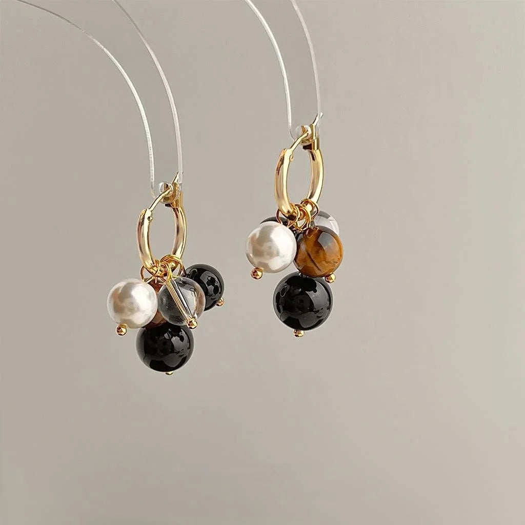 Maillard Style Tiger Eye Stone Glass Pearl Geometric Round Copper Drop Earrings
