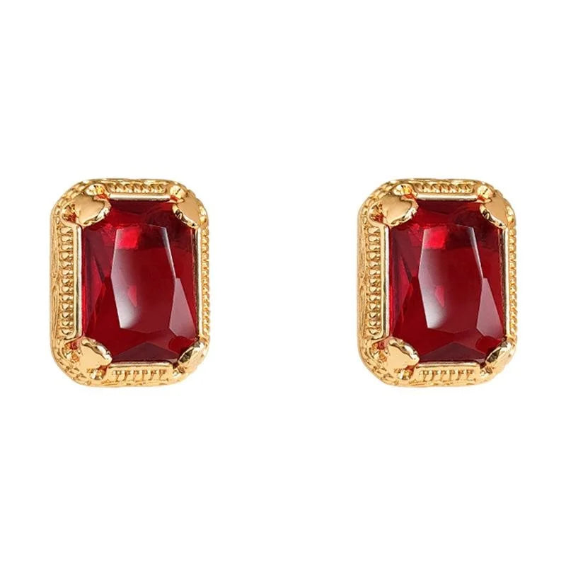 18K Gold Plated Copper Geometric Red Glass Crystal Drop Earrings Luxury Style