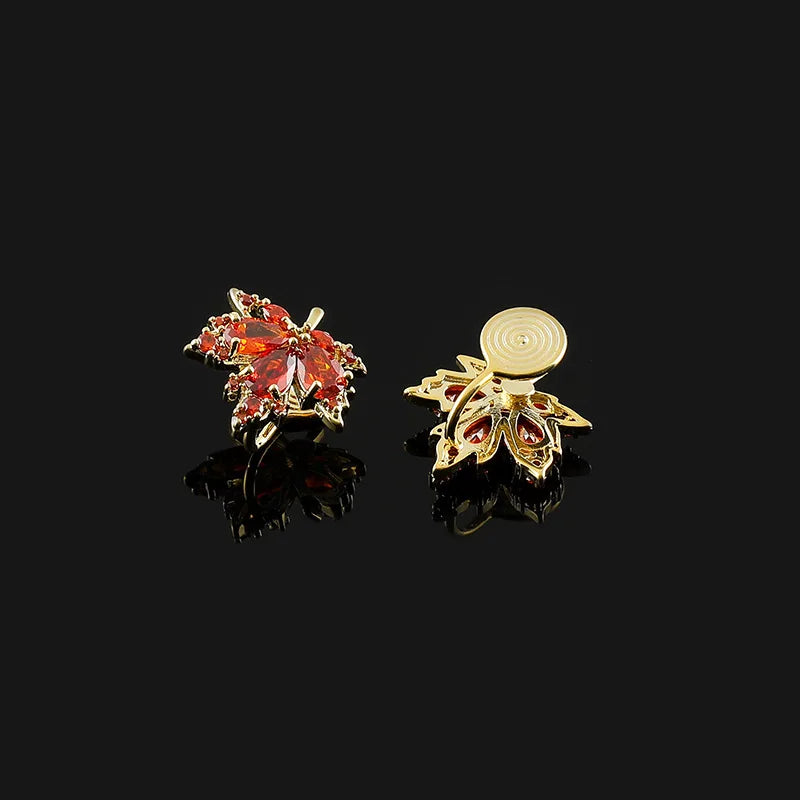 Luxury Vintage Red Zircon Maple Leaf Alloy Stud & Clip On No Piercing Elegant Statement Earrings