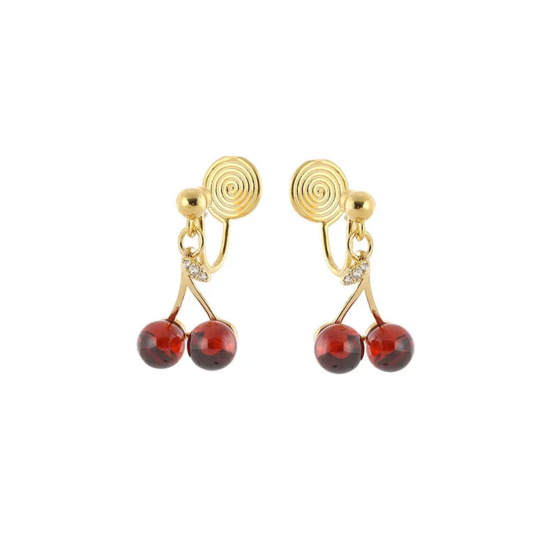 Luxury Red Cherry Fruit Drop Gold Tone Alloy Rhinestone Stud & Clip On No Piercing Dangle Earrings