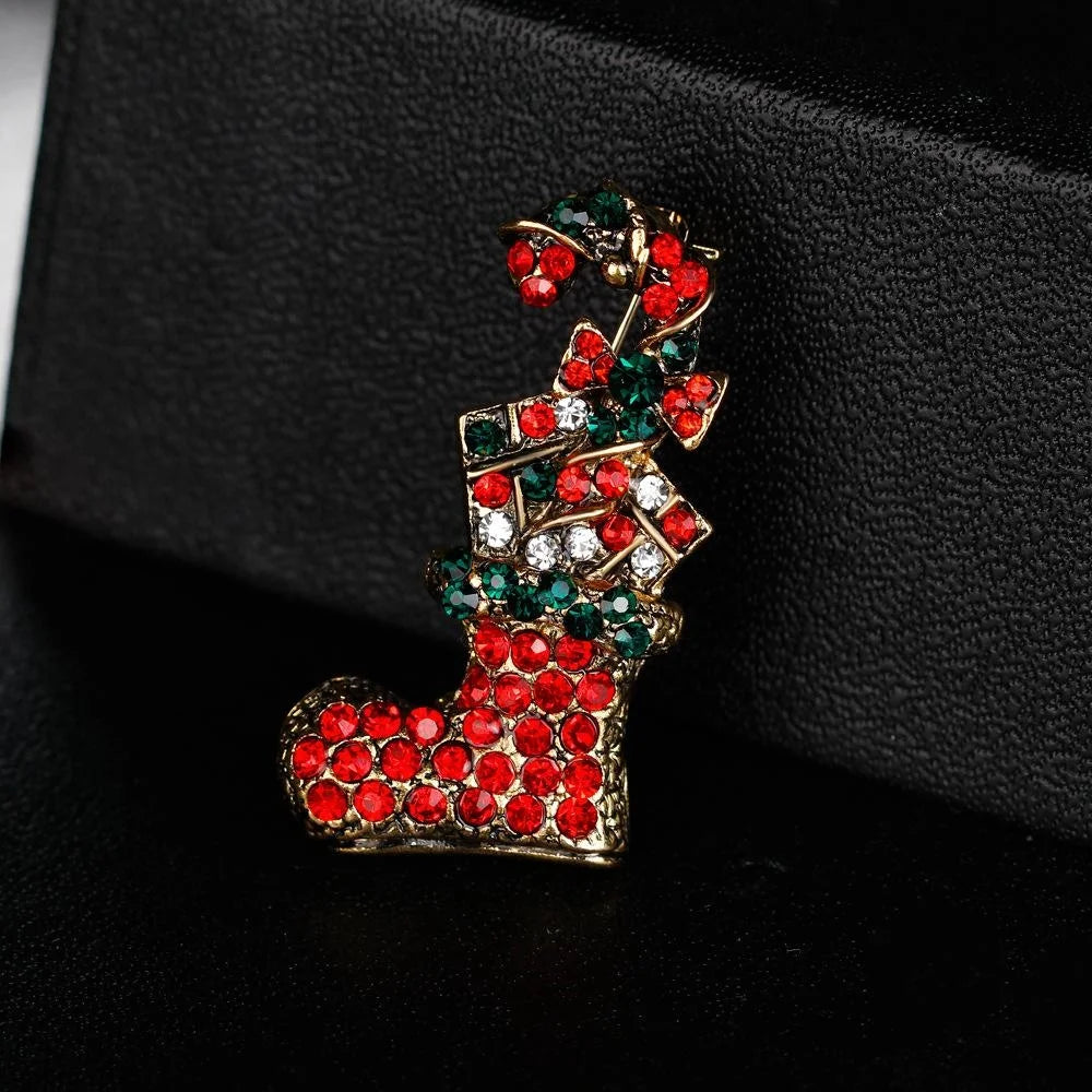 Cute Christmas Stocking Alloy Rhinestone Brooch, Red Green Holiday Lapel Pin Corsage Gift For Women