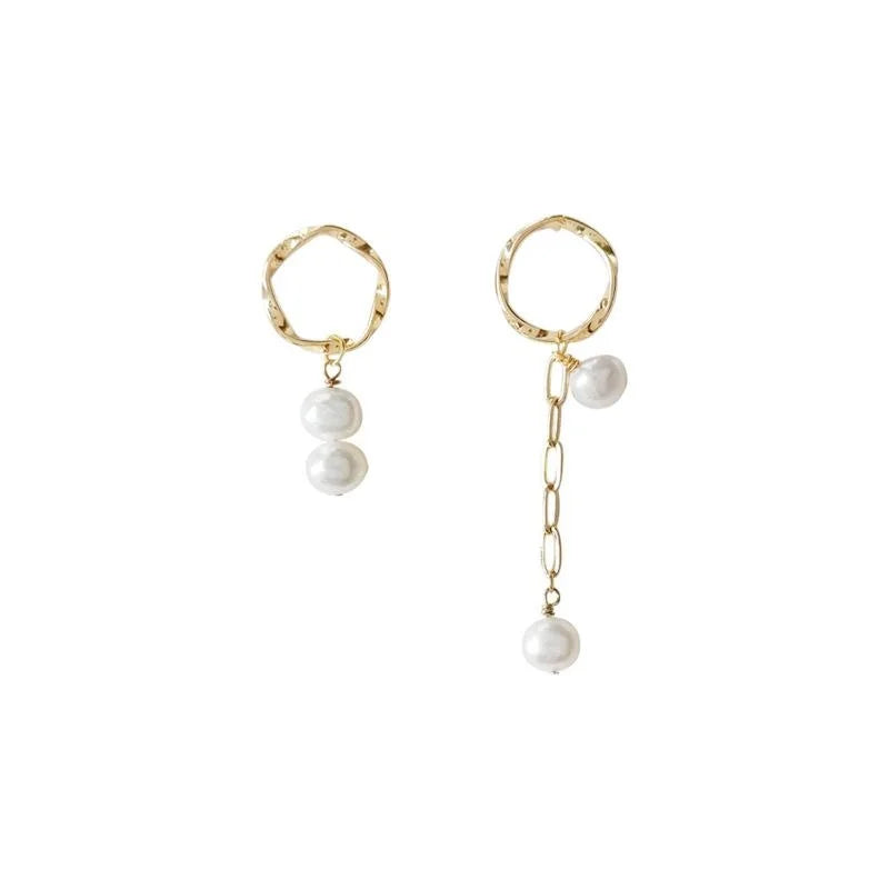 French Vintage Baroque Freshwater Pearl Tassel Stud Earrings, Asymmetric Copper Geometric Design