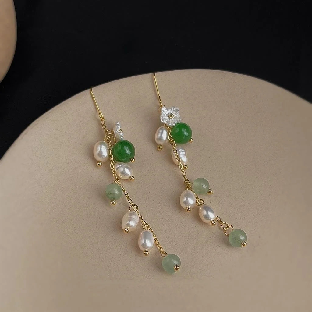 Natural Freshwater Pearl Stone Long Tassel Flower Leaf Drop Earrings New Chinese Vintage Jewelry