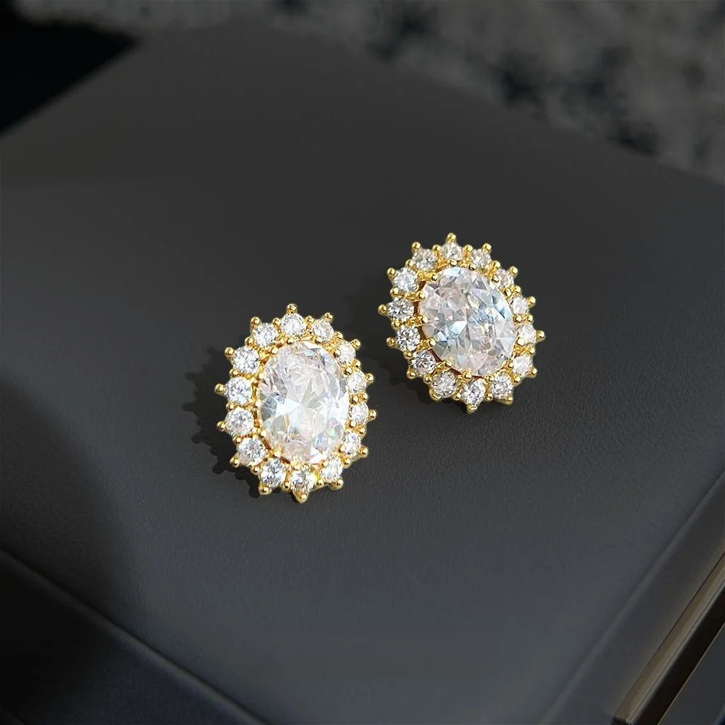 14K Gold Plated Copper Micro Pave Zircon Oval Clip On Drop Earrings For Non Pierced Ears