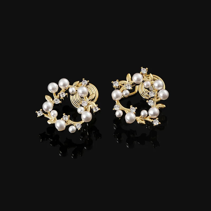 Elegant Round Pearl Rhinestone Floral Wreath Stud & Clip On No Piercing Gold Alloy Earrings
