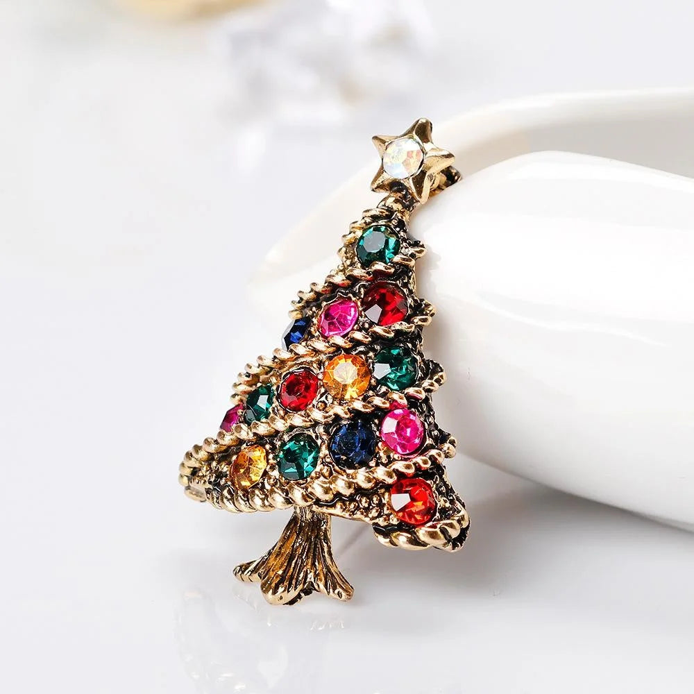 Elegant Christmas Tree Brooch With Colorful Rhinestones, Gold Alloy Holiday Lapel Pin Corsage Gift