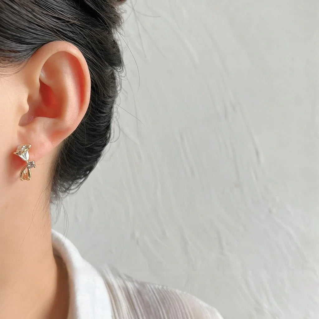French Vintage Copper Micro Pave Zircon Morning Glory Flower Enamel Stud Earrings