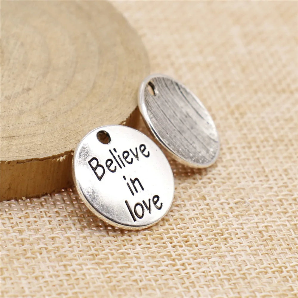 20x20mm 2g Zinc Alloy Believe in Love Word Tag Letter Charm Pendant for DIY Bracelet Necklace Making