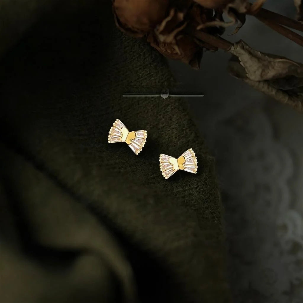 Sweet Minimalist Copper Micro Pave Zircon Bowknot Mini Stud Earrings