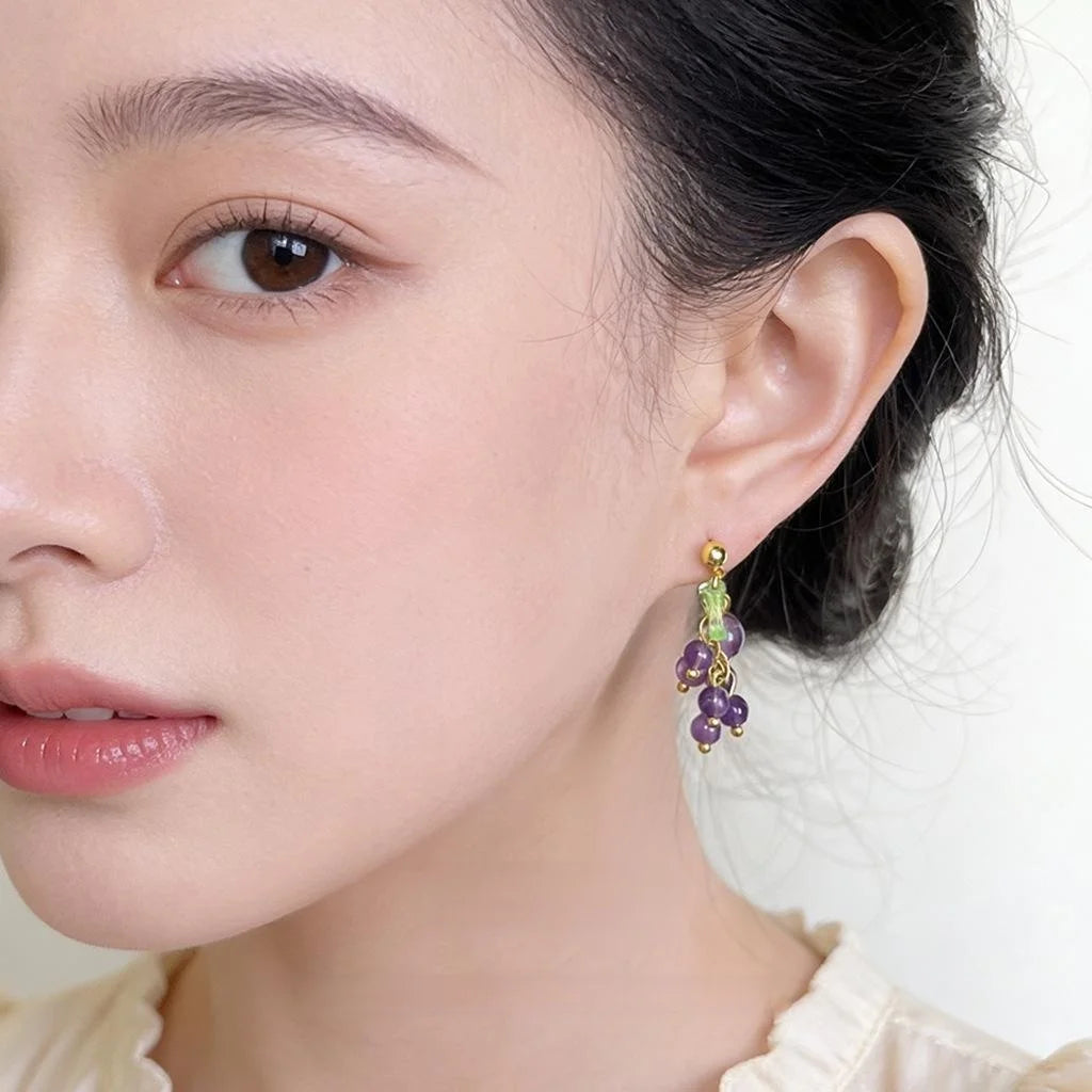 Natural Amethyst Grape Cluster Stud Earrings Handmade Fresh Sweet Forest Style Jewelry