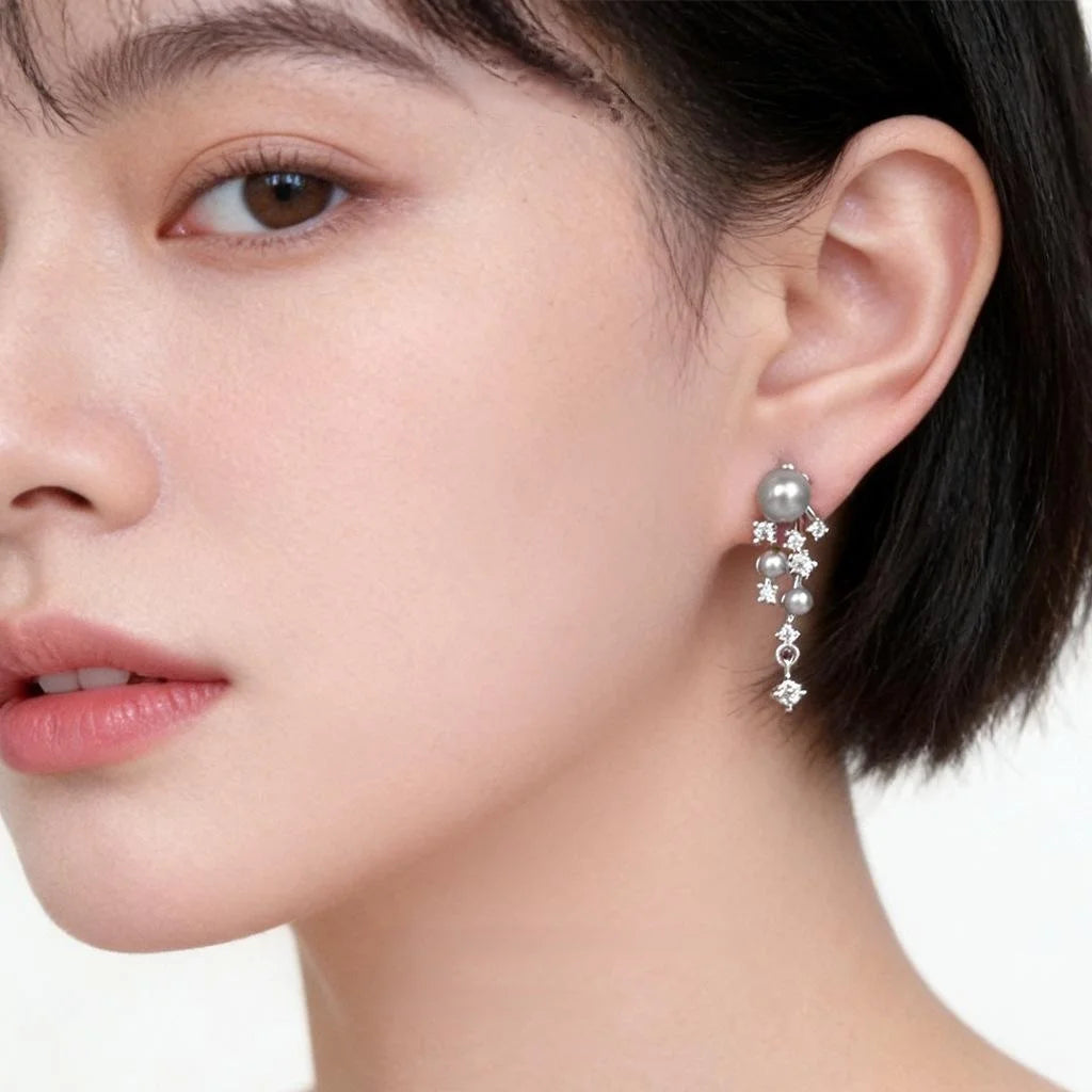 Light Luxury Copper Micro Pave Zircon Long Tassel Drop Earrings With Gray Pearl