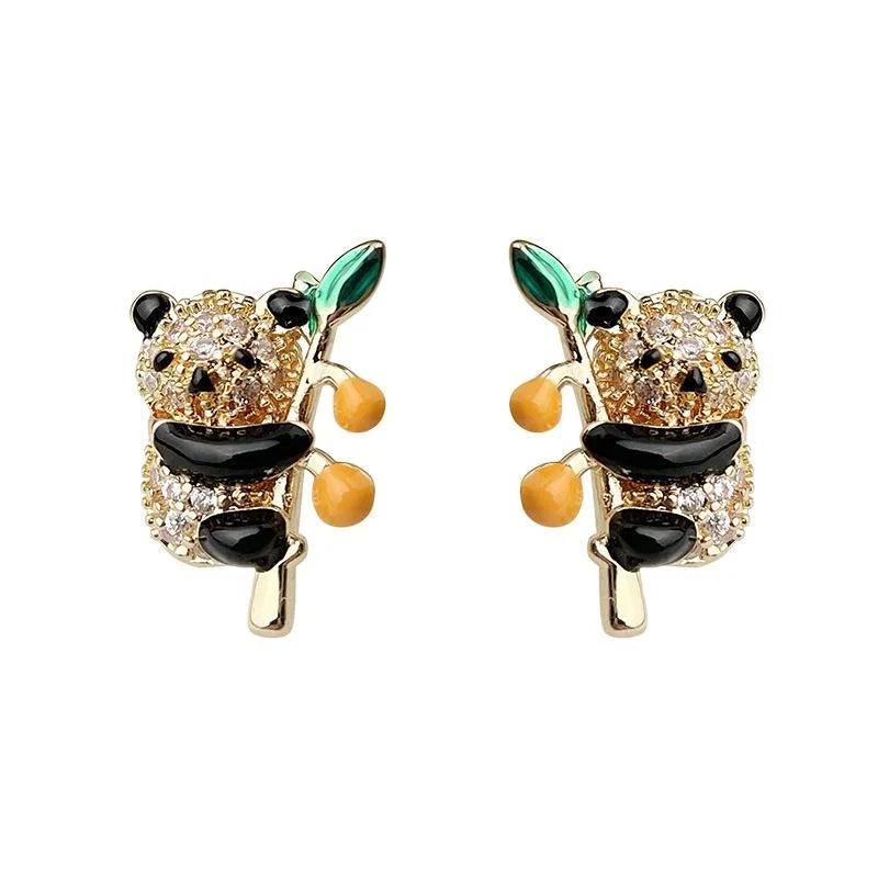 Silver Plated Copper Micro Pave Zircon Enamel Panda Stud Earrings Cute Luxury Animal Fashion Jewelry