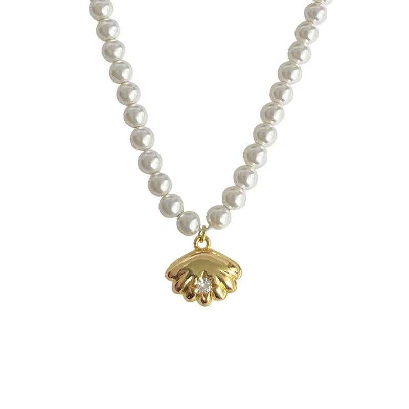 14K Gold Plated Copper Glass Pearl Necklace With Micro Pave Zircon French Vintage Shell Pendant
