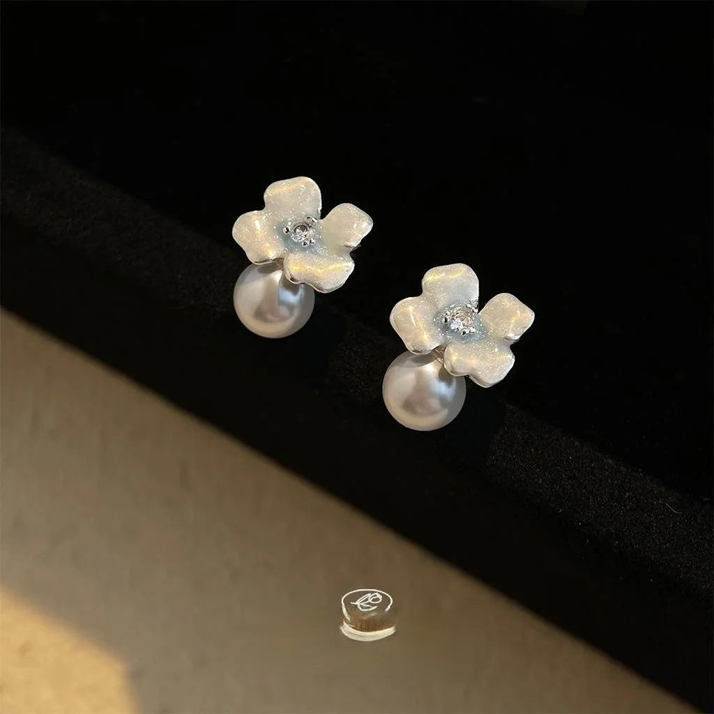 Sweet Glass Pearl Micro Pave Zircon Silver Plated Copper Enamel Gradient Flower Drop Earrings