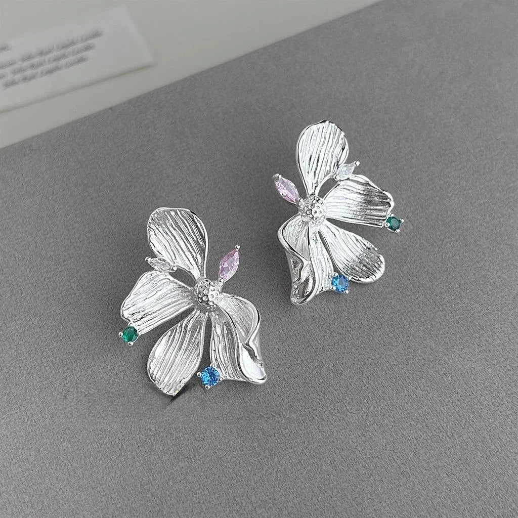 Elegant 14K Plated Liquid Flower Metal Drop Earrings With Micro Pave Zircon