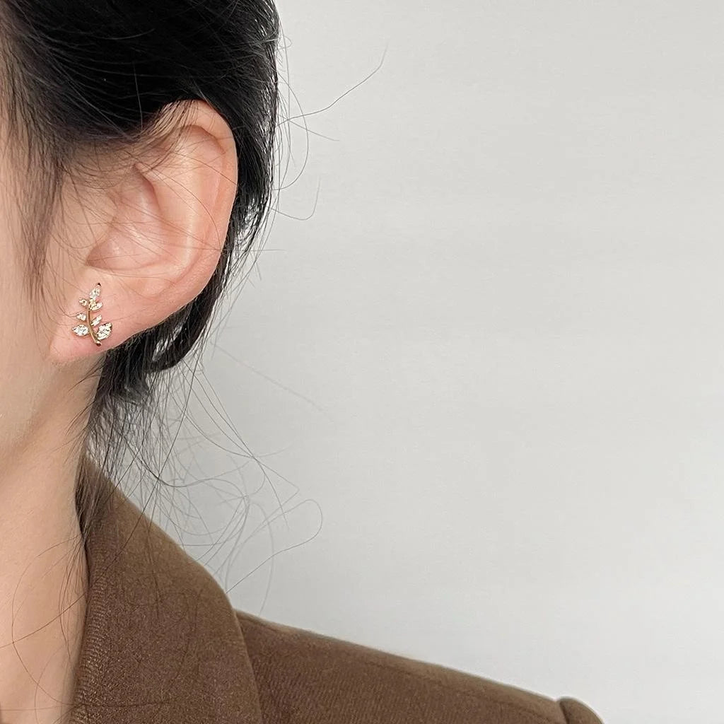 Mini 14K Gold Plated Copper Leaf Stud Earrings With Zircon Pave