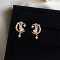 14K Plated Copper Moon Rabbit Micro Pave Zircon Stud Earrings Sweet Vacation Jewelry