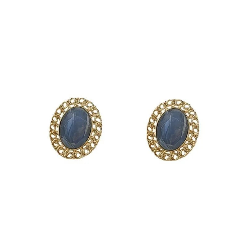14K Plated Alloy Hollow Oval Haze Blue Drop Earrings, Hong Kong Vintage Jewelry