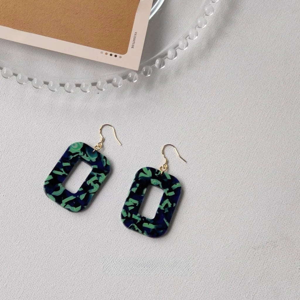 Hong Kong Style Vintage Green Acrylic Geometric Square Drop Earrings Irregular Marbled Design