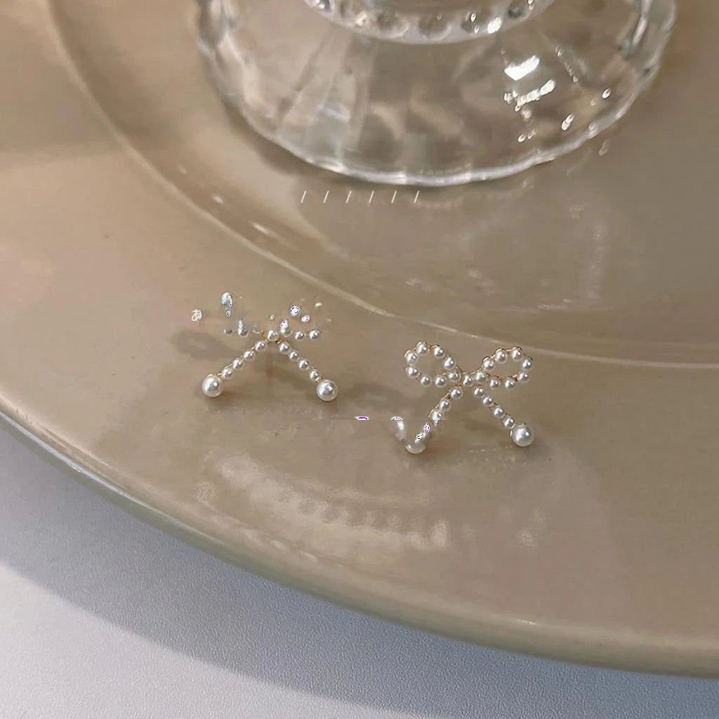 14K Plated Copper Mini Pearl Bow Stud Earrings For Women Cute Lolita Style Jewelry
