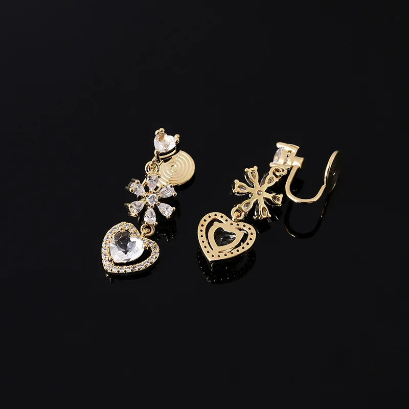 Luxury Zircon Snowflake Heart Drop Stud & Clip On No Piercing Gold Alloy Rhinestone Dangle Earrings