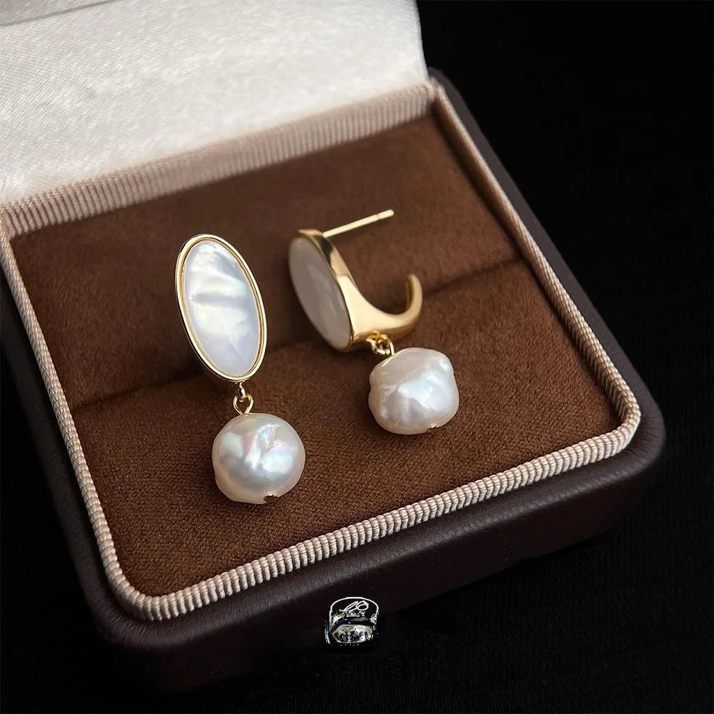 Elegant Baroque Freshwater Pearl Shell Geometric Drop Earrings With Silver Plated