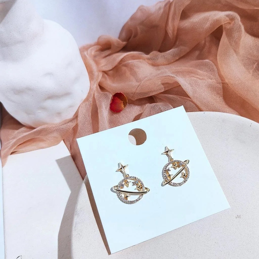 14K Gold Plated Zircon Star Moon Asymmetric Micro Pave Stud Earrings For Women